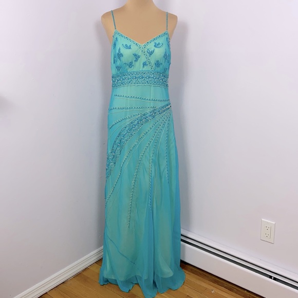 MARINA Dresses Marina 0 Sheer Silk Chiffon Column Open Back Aqua
